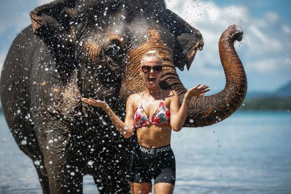 Phuket:Beach walk with elephants, rain & care. 2.5 hours - Stop 4: the private beach bathing, brushing, and the rain shower